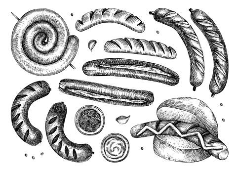Grilled sausage vintage drawing. German food sketch. Oktoberfest menu design element. Hand drawn fast food illustration for Octoberfest. Traditional German cuisine meal sketch in engraved style